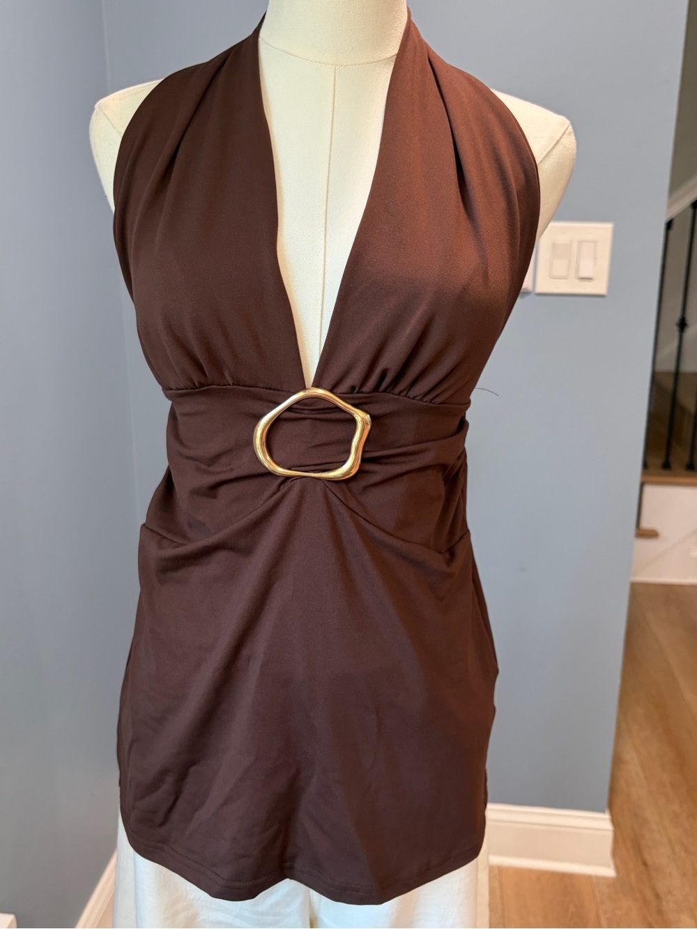 Y2K Brown Halter Going Out Top Small Gold Ring Stretch Clubwear 2000s